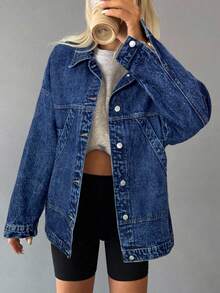 ZIRRA Women's Autumn Dropped Shoulder Long Sleeve Single-Breasted Pocket Casual Loose Denim Jacket - Dark Wash - View 3