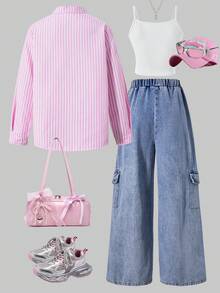 SHEIN ChillGRL Tween Girl 条纹印花长袖衬衫 + 白色吊带背心 + 字母印花阔腿牛仔裤 3 件套 - 彩色 - 查看 2