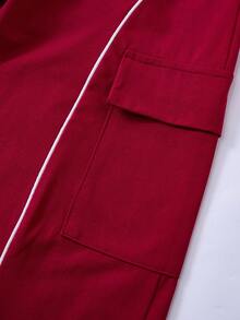 SHEIN Explorewe 2 件套青少年女孩休闲拼布设计印花插肩袖 T 恤和工装裤套装，适合日常、通勤、休闲、度假、聚会、街头风格 - 紅色 - 查看 5