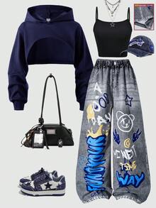 SHEIN ChillGRL بنطلون جينز مطبوع بطراز الشارع الفضفاض للفتيات المراهقات، توب كامي قصير، ملابس علوية شبكية مقنعة بأكمام طويلة، طقم ملابس مكون من 3 قطع، موضة