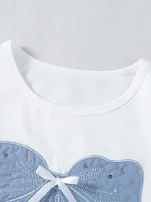 SHEIN ChillGRL 2 件套 青少年女孩休闲时尚蝴蝶结刺绣短袖上衣和多口袋工装裤