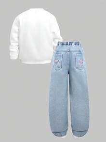 SHEIN ChillGRL 2 件/套 Tween Girl 休闲宽松蝴蝶印花运动衫和粉色水洗宽松蝴蝶刺绣直筒牛仔裤，两件套 - 彩色 - 查看 3