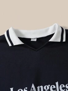 SHEIN ChillGRL 少女两件套：纯色字母印花 Polo 衫 + 宽松运动裤，休闲秋冬装组合 - 藏蓝色 - 查看 5