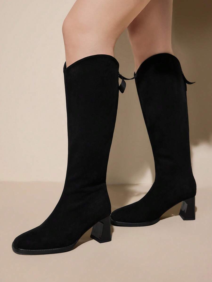 CUCCOO CURVES Women's Fashion Daily Wear Back Zipper Wide Calf High Heel Boots For Christmas - Black - View 1