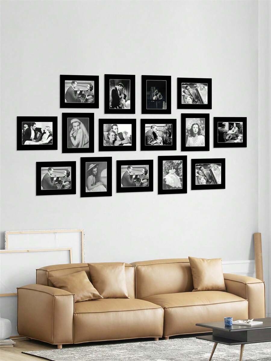 15pcs Black (With Backing Board) Minimalist & Elegant Corridor Wall Decor Memorial Paper Photo Frame Wall Hanging (Paper Product)