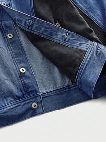ROMWE MEN Street Life Herren Herbst Kontrast Farbe Langarm Einreiher Lässig Denim Jacke mit Tasche - Blau - Übersicht 10