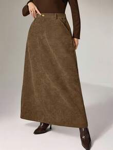 Heiryn Plus Size Women Solid Color Casual Commuter Skirt - Brown - View 5