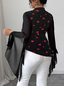Elenzga Áo voan tay dài cổ chữ V thắt nơ họa tiết trái tim cỡ lớn, thắt eo, lãng mạn, thích hợp cho buổi tối hẹn hò, áo cánh voan dài tay dáng xòe, viền không đều, kiểu dáng thanh lịch, tinh tế, đi làm và lãng mạn dành cho nữ - màu đen - Xem 2