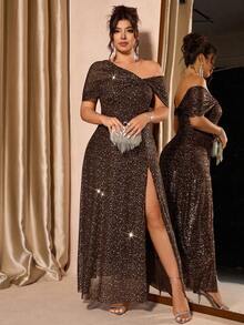Vestido con hombros de malla con lámina metálica de nueva moda para mujer de talla grande - Marrón Mocha - Ver 6