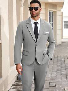 Manfinity Mode Plus Size Men's Business Commuter Suit Set(Blazer & Pants)Grey Suits For Men Slim Fit Wedding Classy Clothes Elegant Outfit, Formal, Ceremony - Light Grey - View 4