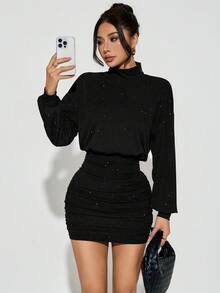SHEIN PETITE Đầm dự tiệc Tea Party cổ cao xếp ly ôm vừa vặn - màu đen - Xem 5