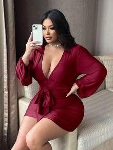 NU&NOW Plus Size Women's Red Pleated Tie-Waist Lantern Sleeve New Year/Valentine's Day Dress - Burgundy - View 1