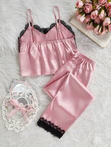 2pcs Girls Pajama Set, Lace Patchwork Camisole And Soft Lounge Pants, Comfortable Sleepwear Satin Pajamas Set - Multicolor - View 2