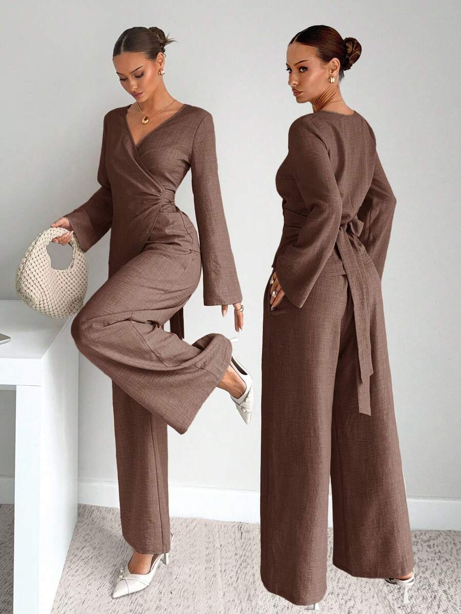 Siren Gaze Women's Spring/Autumn Casual/Office Commute Simple Solid Color Surplice Neck Ruched Fitted Top And Wide Leg Pants Set Elegant Brown - Brown - View 1