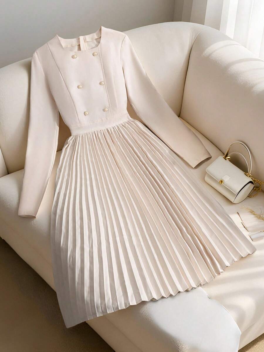 SHEIN Women's Mid-Length Pearl Button Decorated Pleated Hem Dress - Apricot - View 1