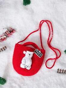 We Bare Bears X SHEIN Women's Casual Large Capacity Christmas Cute Cartoon Bear Pattern Knitted Shoulder Bag With Letter Pendant - Red - View 5