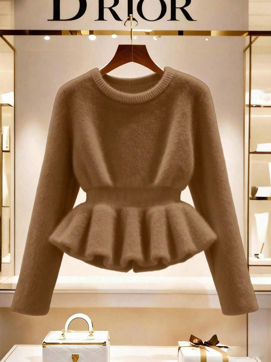 Franclia New Autumn/Winter Gentle Lady Style Waist Ruffle Trim Sweater - Brown - View 1