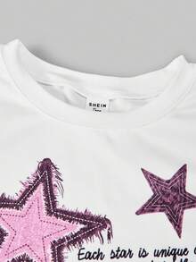 SHEIN ChillGRL Set de 2 piezas con camiseta de cuello redondo con estampado de estrellas y pantalones vaqueros anchos de pierna ancha estampados, outfit casual de verano para chicas adolescentes - Rosa Pálido - Ver 6