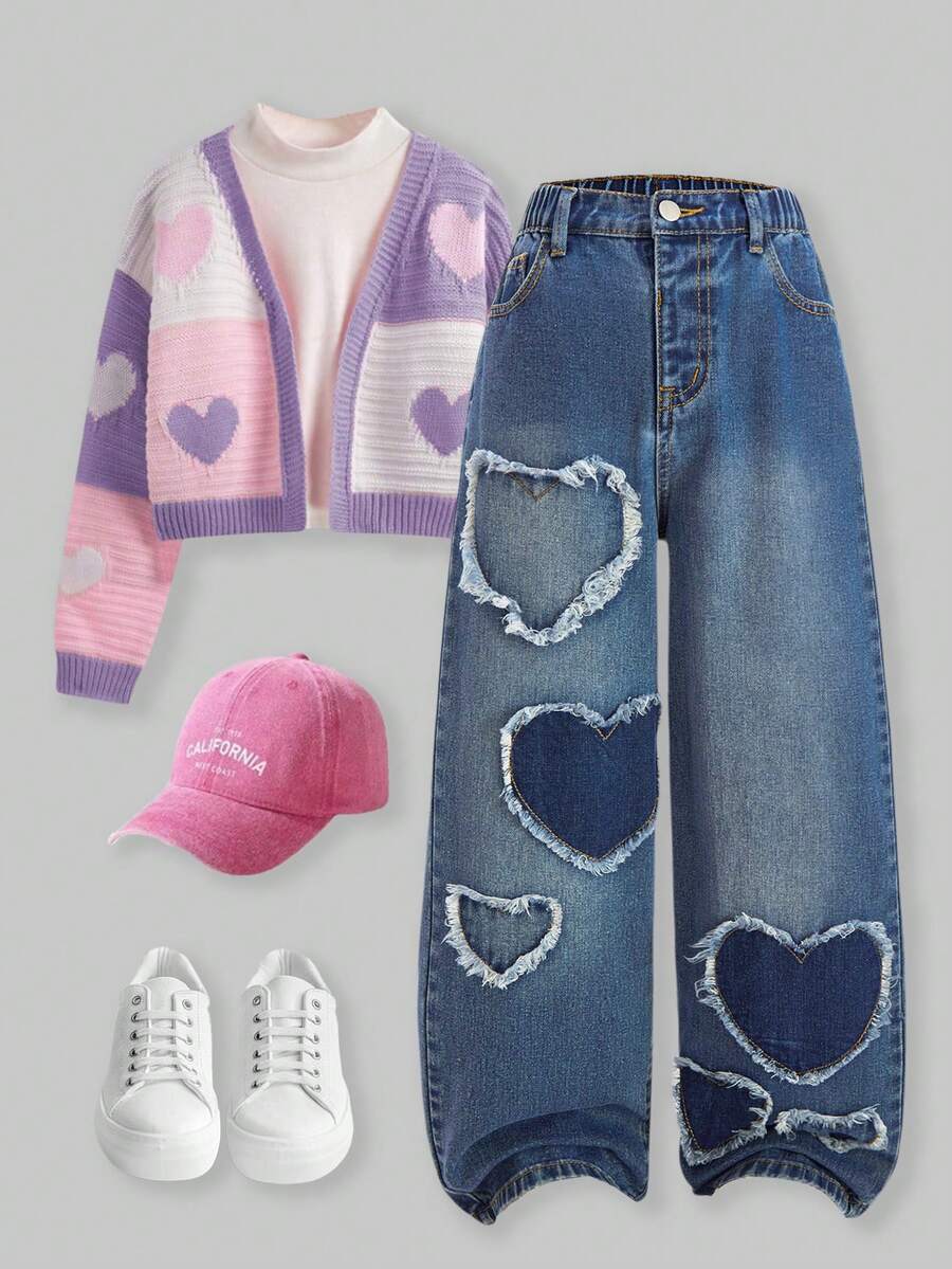 SHEIN ChillGRL Denimly 春夏新款女童宽松浅蓝色牛仔裤,阔腿休闲款式,柔软的牛仔面料如云朵般包裹,爱心刺绣细节,松紧腰身设计穿着舒适,适合校园、休闲出游、户外活动、日常穿着 - 藍色 - 查看 1