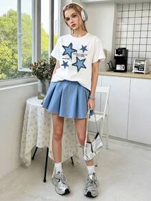 SHEIN ChillGRL 2pcs/Set Tween Girls Summer White Loose Short Sleeve Star Print Top & Pleated Denim Skirt Outfit - Multicolor - View 3