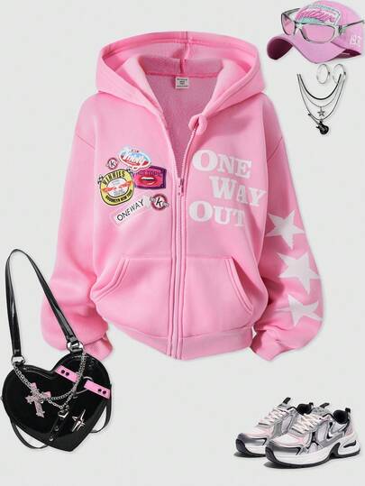 SHEIN ChillGRL Streecool 儿童/少女拉链卫衣，落肩宽松版型，饰有徽章，休闲学院风，适合春秋季日常穿着。