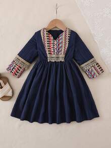 SHEIN Baby Girl Casual Retro Pattern Dress, Suitable For Spring, Summer, Autumn, Home, Outdoor, Holiday, Party, Daily Wear - Multicolor - View 4