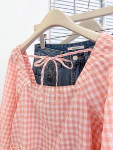 INAWLY 女士秋季新款可爱荷叶边下摆衬衫 - 珊瑚粉 - 查看 5