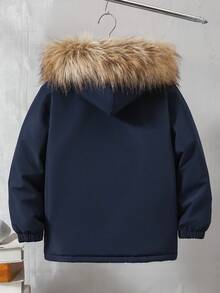 1pc Boys' Patchwork Contrast Color Utility Pocket Padded Coat With Fur Collar, Suitable For Outdoor Casual Wear In Autumn/Winter - Navy Blue - View 2