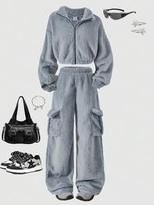 SHEIN ChillGRL 2pcs/Set Tween Girls Soft Fleece Turtleneck Jacket & Cargo Pants Set,Dusty Blue Winter Casual School Loose Street Style Autumn Outfits - Dark Grey - View 3
