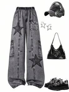 SHEIN ChillGRL Tween 女童炫酷百搭印花针织阔腿裤，时尚长裤，适合春夏秋季 - 黑色 - 查看 3