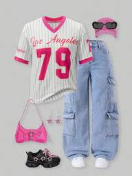 SHEIN ChillGRL Teen Girls Number & Stripe Print Short Sleeve Casual Street Style Volleyball Tee