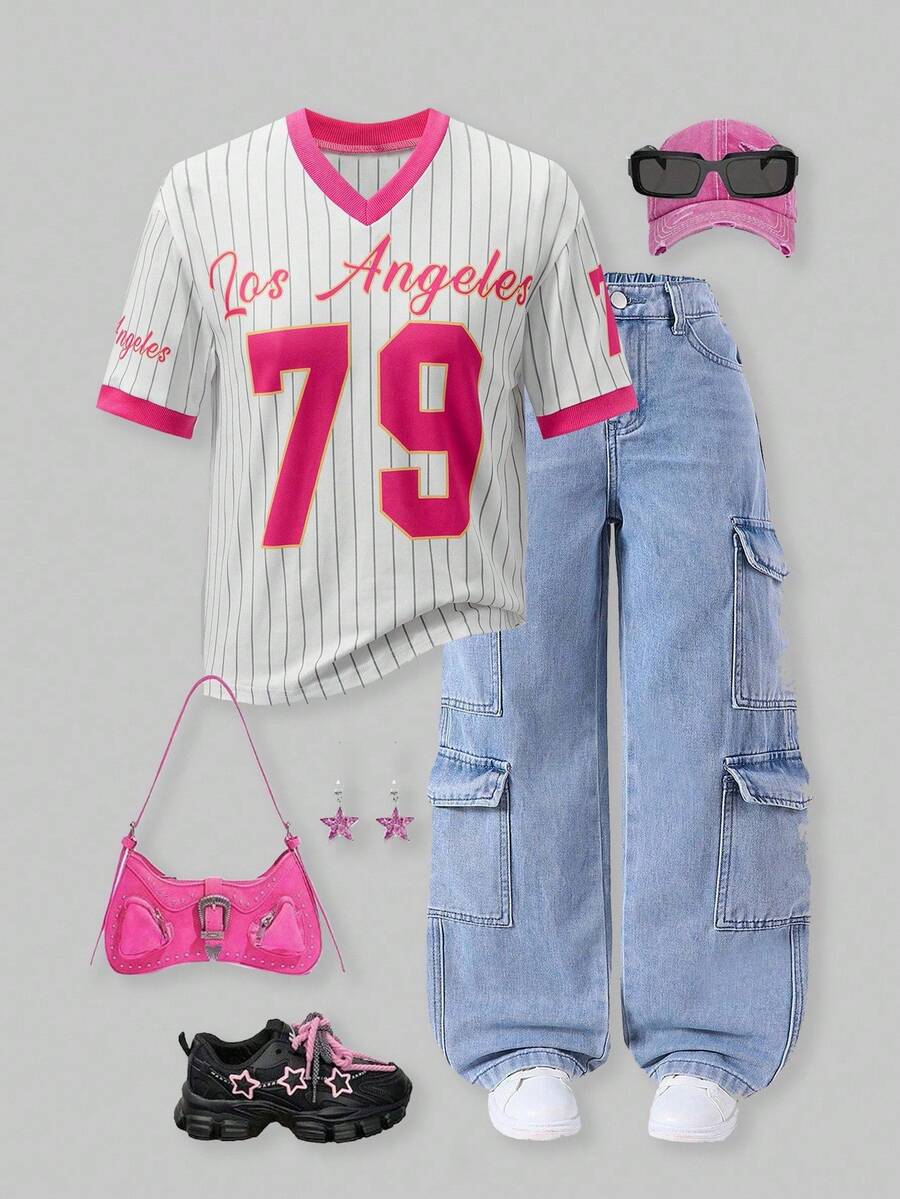 SHEIN ChillGRL 青少年女孩数字和条纹印花短袖休闲街头风格排球 T 恤 - 玫紅色 - 查看 1