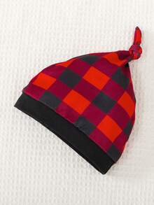 SHEIN Playful Pals 3件套男宝宝万圣节字母印花长袖连体衣+南瓜图案裤子+帽子套装，秋季宝宝圣诞套装，女宝宝圣诞套装，我的第一个圣诞节宝宝套装，格子套装 - 紅色 - 查看 5