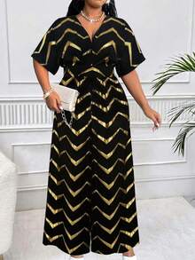 Maweii Plus Size Women Elegant Black Gold Color Contrast Print Surplice Neck Short Sleeve Wide Leg Jumpsuit, For Summer - Black - View 5