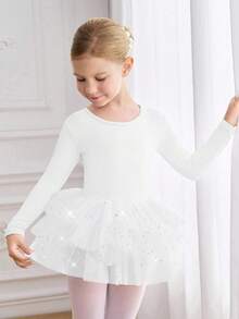 女童长袖芭蕾舞裙，白色网纱泡泡裙儿童舞蹈服运动服