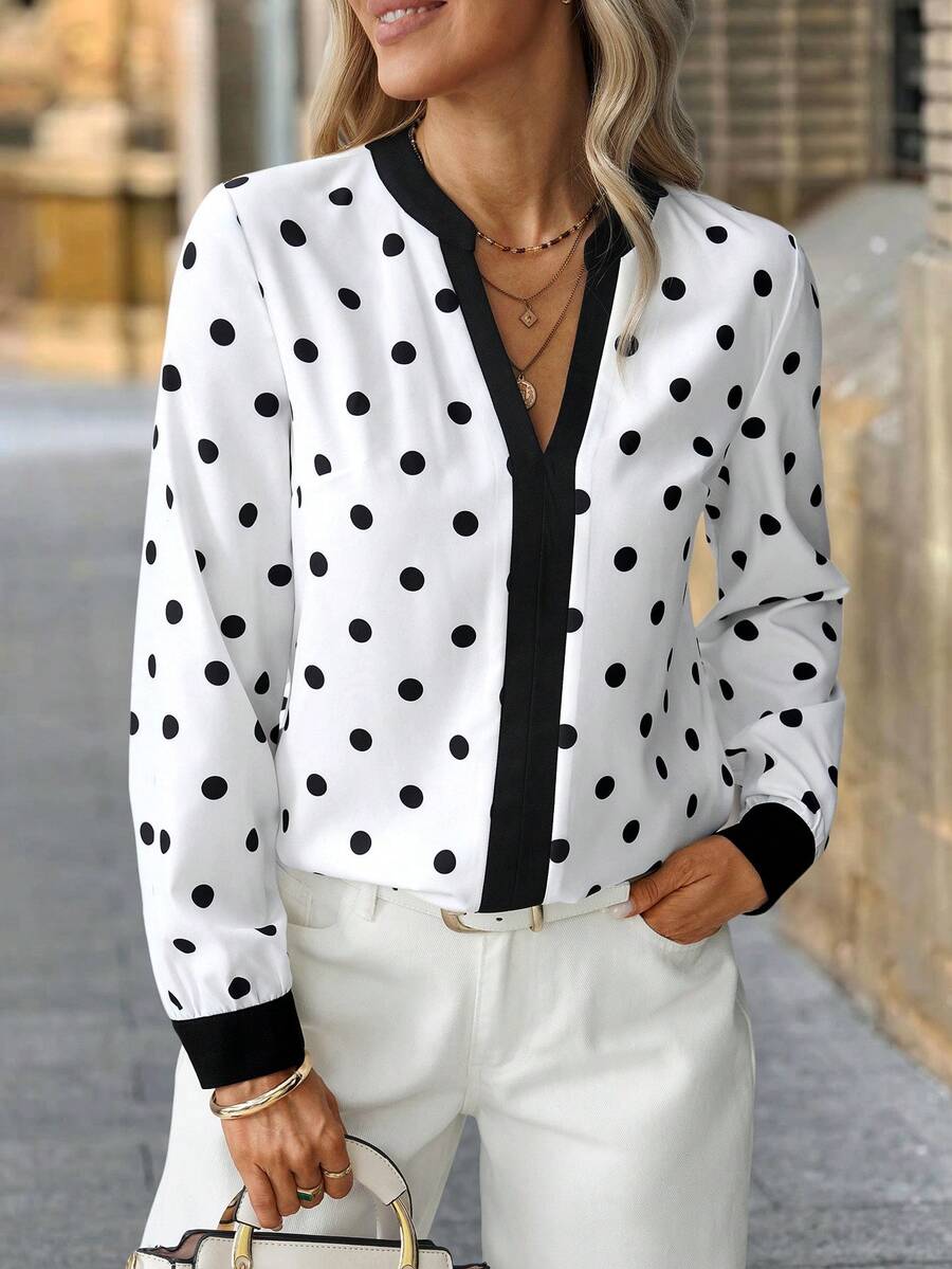 SHEIN Clasi Áo sơ mi nữ dài tay chấm bi, đa năng cho công sở, đi làm và mặc thường ngày, áo sơ mi chấm bi mùa thu, áo kiểu nữ dài tay, áo công sở nữ, áo sơ mi nữ chấm bi trắng, áo sơ mi dài tay chấm bi đen trắng cho nữ. - Đen và trắng - Xem 1