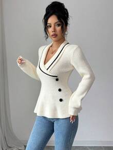 SHEIN Elenzya Blusa elegante de punto cruzado para mujer, con botones y volantes en el bajo en color contrastante, adecuada para fiestas de Año Nuevo, otoño/invierno - Albaricoque - Ver 4