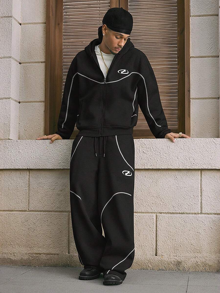 AXEPEAK Men's Loose Fit Casual Versatile Zip-Up Hoodie Set - Black - View 1