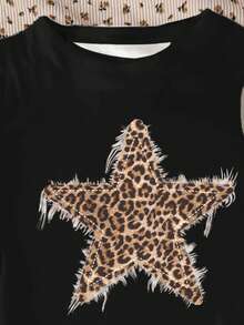 SHEIN 复古街头运动学院风豹纹星形图案，少女修身休闲简约舒适圆领长袖T恤，适合内搭或外穿，四季皆宜。 - 彩色 - 查看 3