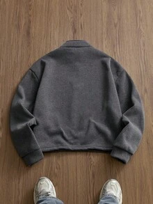 SWAVVY 纯色立领半拉链休闲宽松四分之一拉链套头卫衣 - 深灰色 - 查看 2