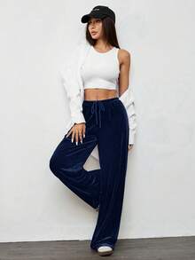 SHEIN EZwear 女士复古休闲藏蓝色丝绒宽松阔腿裤，秋冬款 - 藏蓝色 - 查看 5