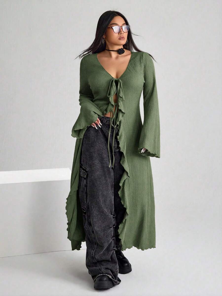 SHEIN ICON ICON 大码女式V领系带喇叭袖针织上衣 - 軍綠色 - 查看 1