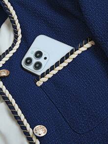 Franclia Áo khoác ngắn vải tuýt chắp vá thời trang thu đông dành cho nữ, phong cách đi làm năng động - Màu xanh hải quân - Xem 3