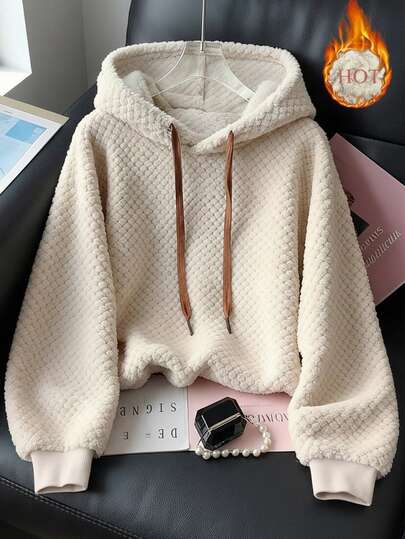 Franclia New Winter Fashion Apricot Hooded Sweatshirt, Thermal Lined, Thick, Loose-Fitting, Casual, Lamb Wool, Color-Blocked Drawstring, Casual Women's Sweatshirt.Winter Winter For Women Winter Christmas New Year Thanksgiving For Women Party Beach Graduation Elegant Luxury Chic Stylish