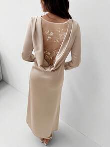 Aloruh Apricot Backless Textured Splice Plunging Neck Long Sleeve Bodycon Dress, Suitable For Parties, Balls, Winter, Valentine's Day, New Year,Winter Dresses,Valentine Outfits For Women ,New Year Dress,Elegant Dresses For Women - Apricot - View 9