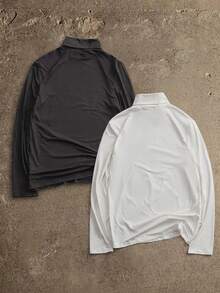 AXEPEAK Tricou bărbătesc casual cu guler înalt, culoare solidă, mânecă lungă, toamnă - Alb-negru - Vizualizare 2