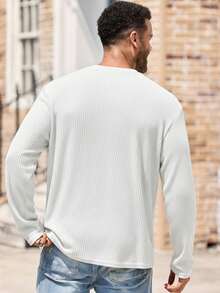 EASEVO Plus Size Men's Casual Solid Color Round Neck Long Sleeve T-Shirt - White - View 2