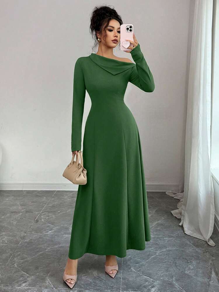 Elenzga فستان أنيق للنساء بخصر مربوط على شكل حرف A، كتف مكشوف، لون أحادي، مناسب للاستخدام اليومي والحفلات والعطلات والسهرات، ملابس خريف/شتاء. فساتين خريف للنساء، ملابس شتوية للنساء، فستان عيد الميلاد، ملابس كاجوال للعمل، فساتين للنساء للعمل، فساتين لحفلات الزفاف، ملابس نسائية جوتية، كتف مكشوف، فستان كتف واحد - أخضر - مشاهدة 3