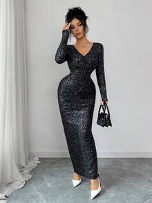 Elenzga Women's Elegant Black Sequin V-Neck Ruched Fitted Midi Dress,Polka Dot Knit Stretchy Fabric,Autumn Day Party Chic Design,Flattering Silhouette - Black - View 5