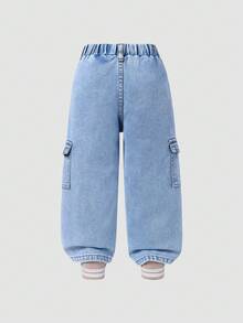 SHEIN ChillGRL 少女连体牛仔裤，带口袋和兔子印花，休闲直筒工装裤，时尚街头潮流，适合校园和日常穿着。蓝色和紫色可爱兔子印花，多口袋设计，宽松版型，水洗浅蓝色牛仔布。松紧腰带穿着舒适，适合日常出游、度假、校园生活、与朋友聚会。 - 藍色 - 查看 2